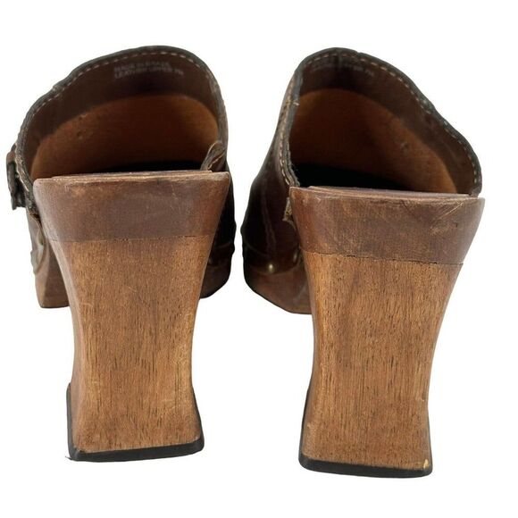 MIA Wooden Clogs Mules Y2K Brown Distressed Leather Womens US Size 7 Chunky Heel - Picture 10 of 14